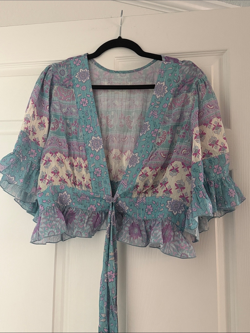 Spell Floral Tie-Front Crop Top in Aqua, Lavender, and Cream